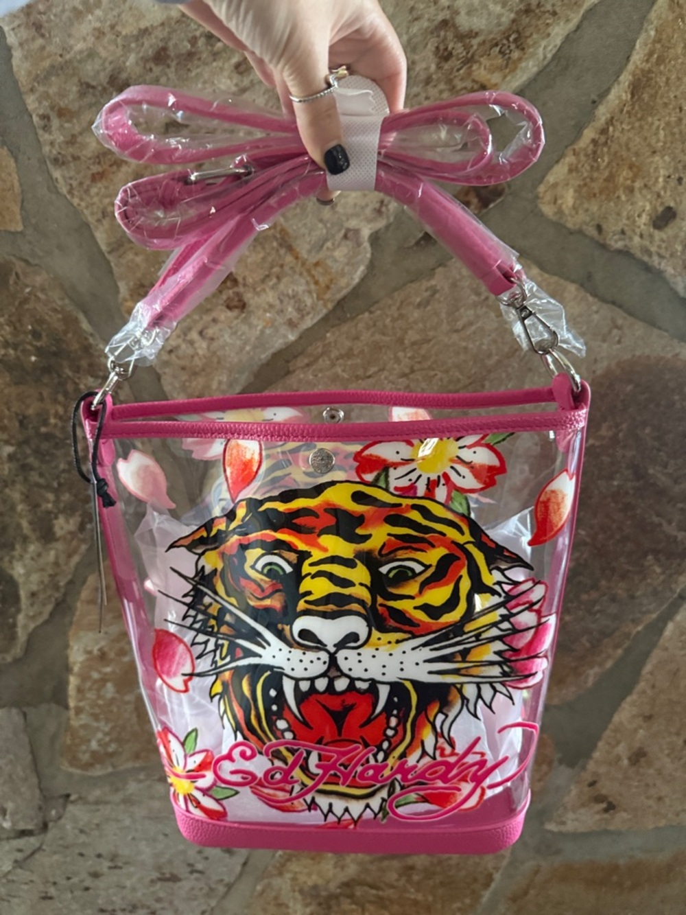 Ed Hardy Pink Clear Tiger Graphic Crossbody Bag